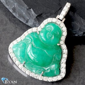 2.45ctw Lab Diamond Frame Green Jade Buddha Pendant
