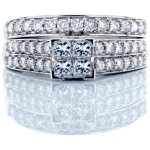 0.80CTW Natural Princess Quad Center With 2 Row Pave Shoulders & Matching Wedding Band 14k White Gold