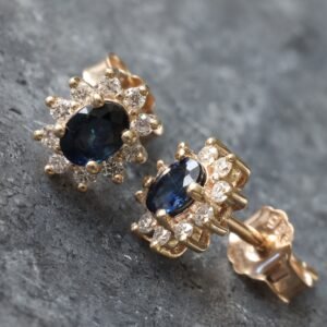 0.15ctw Oval Blue Sapphire with Three Prong Diamond Studs