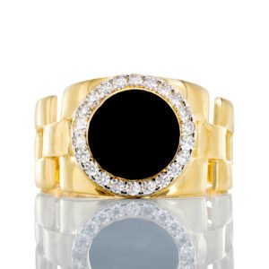 Round Black Onyx Ring W/ Cubic Halo & Watch Style Shoulders