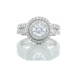 1.50CTW Natural Round Solitaire Double Halo with Pave Set Shoulder Ring