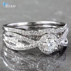 0.62CTW Natural Round Halo Criss Cross Diamond Bridal Set Ring