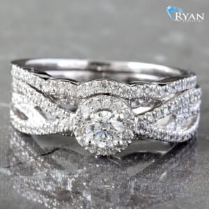 0.62CTW Natural Round Halo Criss Cross Diamond Bridal Set Ring