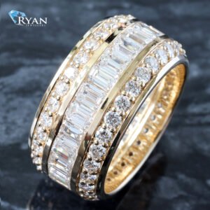 7.68ctw Three Row Emerald Center and Round Channel Set Sides Eternity Band