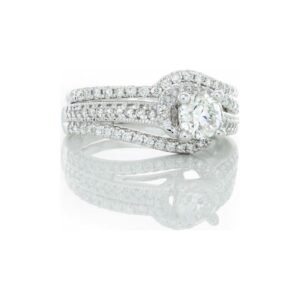 1.00CTW Natural Round Solitaire with Halo Diamond Pave Wrap Design, Bridal Set