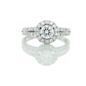 1.00CTW Natural Round Solitaire with Round Halo Two Row Open Split Shoulders 14k White Gold