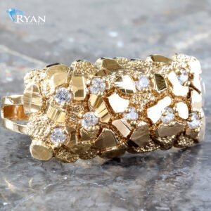 Large Diamond Cut Nugget W/ Cubic Zirconia Two Finger Men's Ring