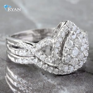 RING GW 10K 1.00CTW DIAMOND IMPERIAL PEAR SHAPE CENTER HALO PAVE INFNITY SHOULDERS BRIDAL SET