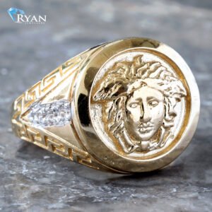 Round Versace Ring W/ Cubic & Greek Key Shoulders