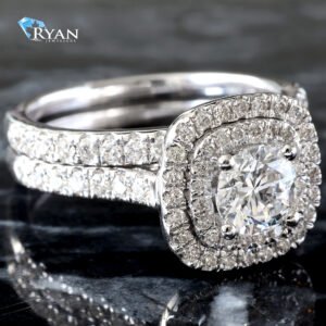 1.50CTW Round Solitaire Double Cushion Halo Bridal Set