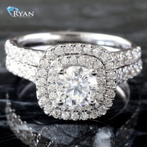 1.50CTW Round Solitaire Double Cushion Halo Bridal Set