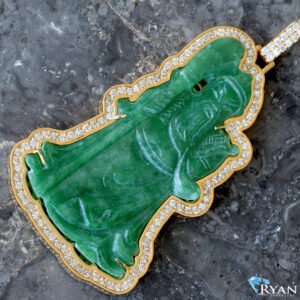 3.25ctw Large Green Jade Warrior Pendant with Diamond Frame and Good Luck Coin Cage Back