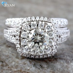 2.00CTW Natural Round Natural Diamond with Double Cushion Halo, Split Pave Shoulders Bridal Set