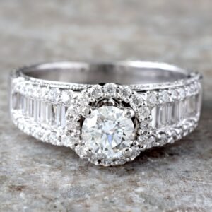 1.70CTW Natural Round Diamond With Halo and Baguette & Round Shoulders w/ Diamond Set Sides