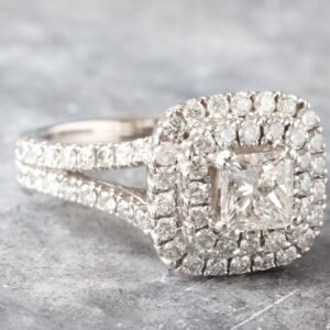 2.00CTW Princess Cut Diamond with Double Cushion Halo and Split Pave Shoulders Ring
