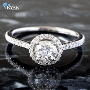 0.77CTW Round Lab Grown Center with Natural Round Diamond Halo and Sides 18K Ring