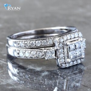 RING GW 10K 1.10CTW INVISIBLE PRINCESS QUAD CENTER WITH SQUARE HALO SIDE STONE ACCENT WITH MILLEDGE DIAMOND SHOULDERS AND BAND