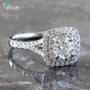 1.18CTW Round Solitaire W/ Double Cushion Halo & Split Pave Shoulders