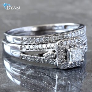 0.75ctw Bridal Set Princess Cut with Halo Spilt Shoulders and Beaded Edges