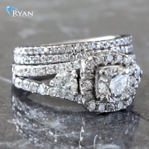 1.80ctw Bridal Set Round Solitaire Cushion Halo Three Stone Design with Split Shoulders Two Row Pave Wedding Band