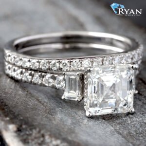 2.75ctw Bridal Set Ascher Cut with Baguette Sides and Pave Shoulders Rind and Matching Band