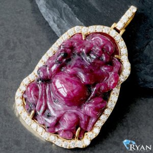2.55ctw Lab Diamond Frame Red Jade Buddha Pendant