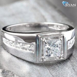 1.50CTW LAB Grown Princess Cut Center Men's Ring With Channel Set High Polish Sides