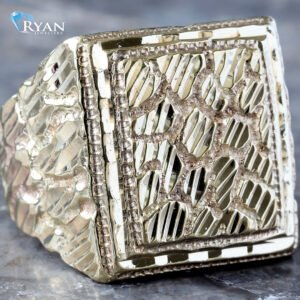Large Rectangle Top Nugget Ring W/ Diamond Cut Boarder
