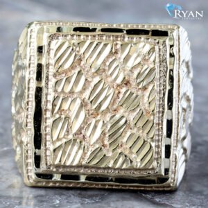 Large Rectangle Top Nugget Ring W/ Diamond Cut Boarder