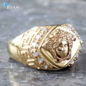 Medusa Head Cubic Zirconia Greek Key Sides Men's Ring