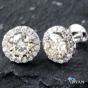 EARRING GW 18K 2.55CTW ROUND BRILLIANT SOLITAIRE WITH DIAMOND HALO STUDS