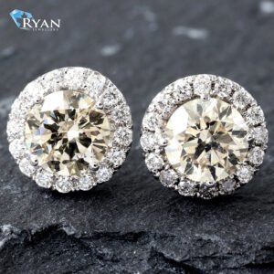EARRING GW 18K 2.55CTW ROUND BRILLIANT SOLITAIRE WITH DIAMOND HALO STUDS