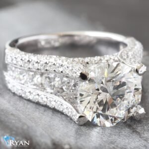 5.90CTW LAB Round Brilliant Center With Diamond Bridge Setting, Gold Beading Details & Round Diamond Shoulders