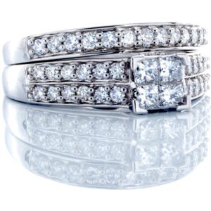 0.80CTW Natural Princess Quad Center With 2 Row Pave Shoulders & Matching Wedding Band 14k White Gold