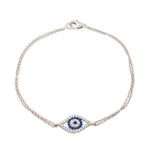 Blue and White CZ Evil Eye Double Row Rolo Link Bracelet