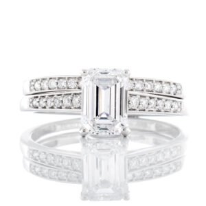 1.28ctw Bridal Set Emerald Solitaire Hidden Halo Pave Channel Set Shoulders