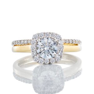1.19ctw Bridal Set Round Lab Solitaire Cushion Halo High Polish Shoulders and Diamond Pave Band