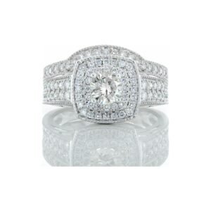 1.63CTW Round Solitaire Double Cushion Halo with Contouring Wedding Band & Beaded Accents 14kt White Gold
