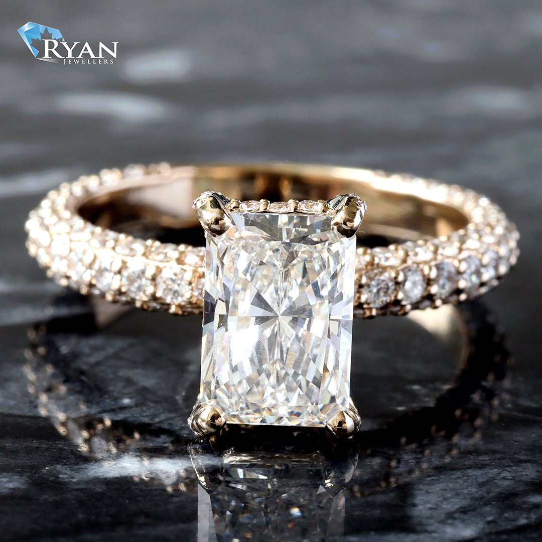 3.10ctw Radiant Solitaire with Hidden Halo and Underside Basket on Three Sided Shoulders Ring