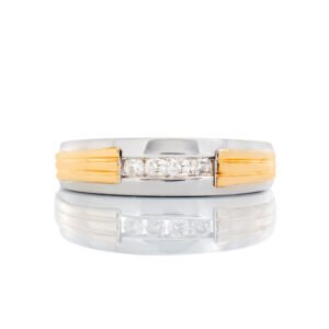 0.10ctw Four Channel Set Diamond Center with Raised Yellow Gold Grooved Shouloders Band