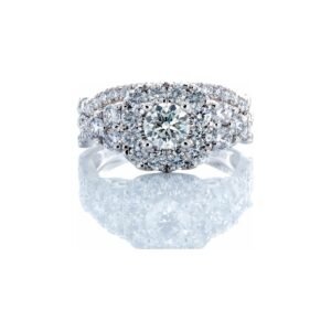 2.02CTW Cushion Halo Center Three Diamond Accents on Sides with Diamond Cross Over Shoulders & Matching Band 14k White Gold