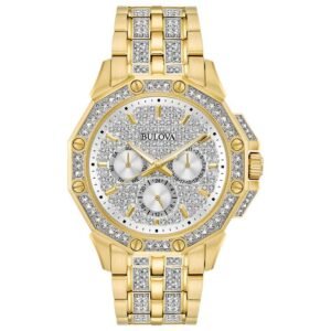 WATCH BULOVA CRYSTAL DIAL DATEWHEELS CRYSTAL HEXIGONAL GOLD STEEL CASE