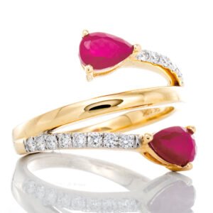 0.25ctw Diamond Pave and Two Pear Cut Ruby Cross Over Band