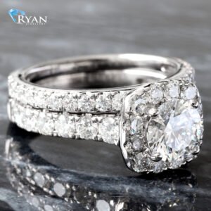 2.54CTW LAB Round Solitaire Diamond Center With Cushion Halo, Pave Shoulders and Matching Band Wedding Set