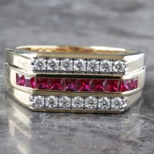 0.40ctw Three Row Table Top with Channel Set Princess Cut Ruby Center and Two Row Lab Diamonds
