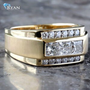 LAB RING GY 10K 1.15CTW THREE ROW TABLE TOP WITH CHANNEL SET PRINCESS CUT CENTER AND SINGLE ROW CHANEL SET ROUND DIAMOND SIDES