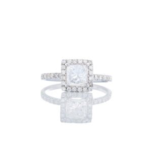1.15ctw Princess Cut Solitaire Square Halo & Diamond Pave Shoulders 18k White Gold