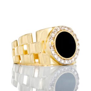 Round Black Onyx Ring W/ Cubic Halo & Watch Style Shoulders