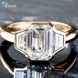 3.13ctw Bezel Set Three Stone Emerald Center and Trapezoid Sides on High Polished Shoulders Ring