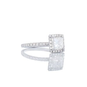 1.15ctw Princess Cut Solitaire Square Halo & Diamond Pave Shoulders 18k White Gold